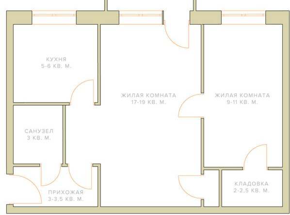 Початковий варіант організації простору дуже схожий з попереднім, проте кухня, санвузол і передпокій мають дещо відмінну конфігурацію, а перша кімната не має перегородки або двері і є прохідною