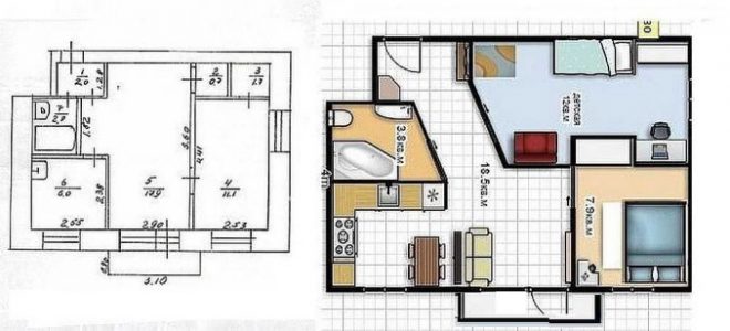 Фото перепланування 2х-кімнатної квартири в хрущовці з варіантами до (без перепланування) і після ви можете побачити нижче:
